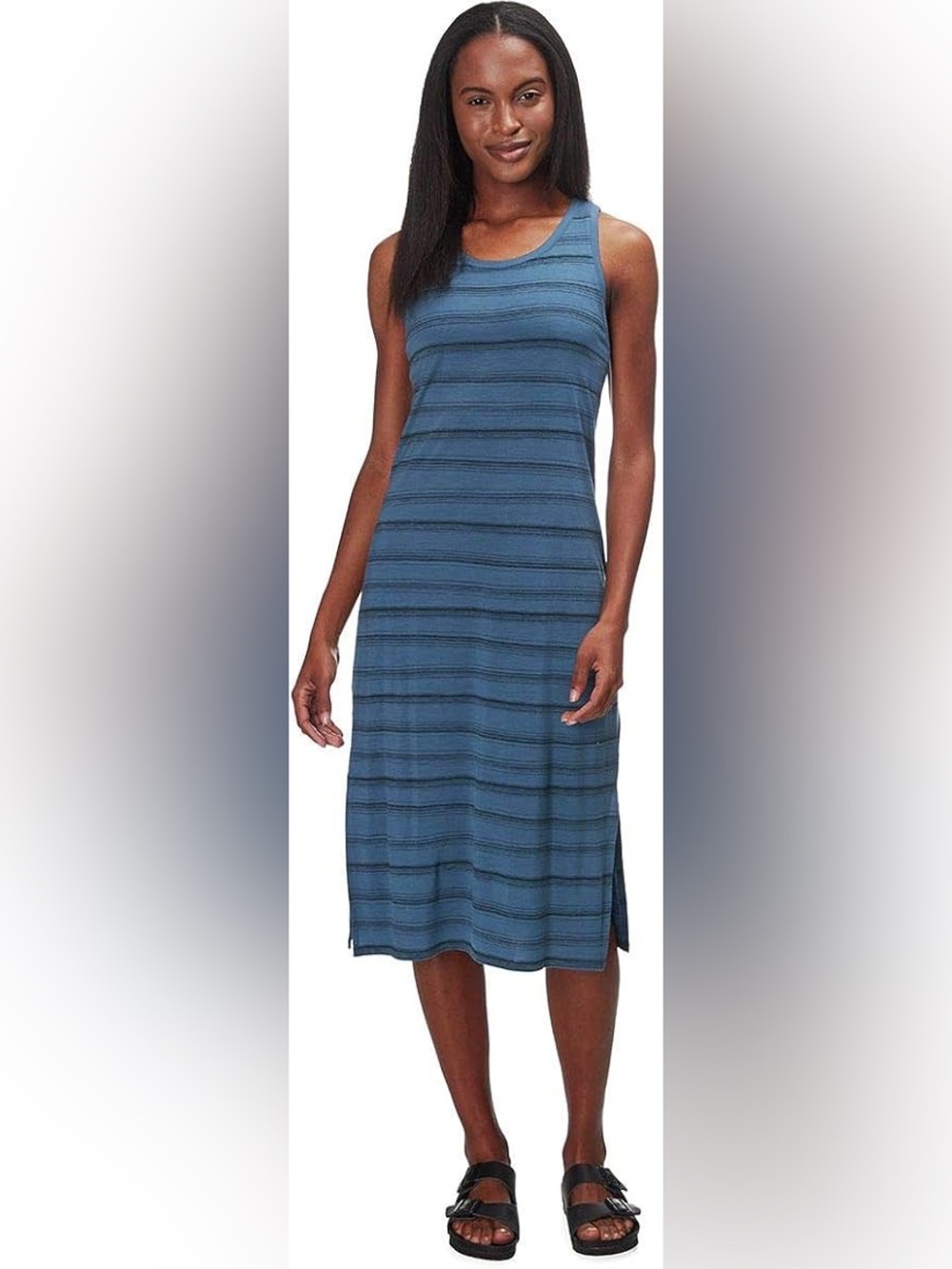 Icebreaker Yanni Tank Merino Wool Midi Dress in Blue Stripe Size Small